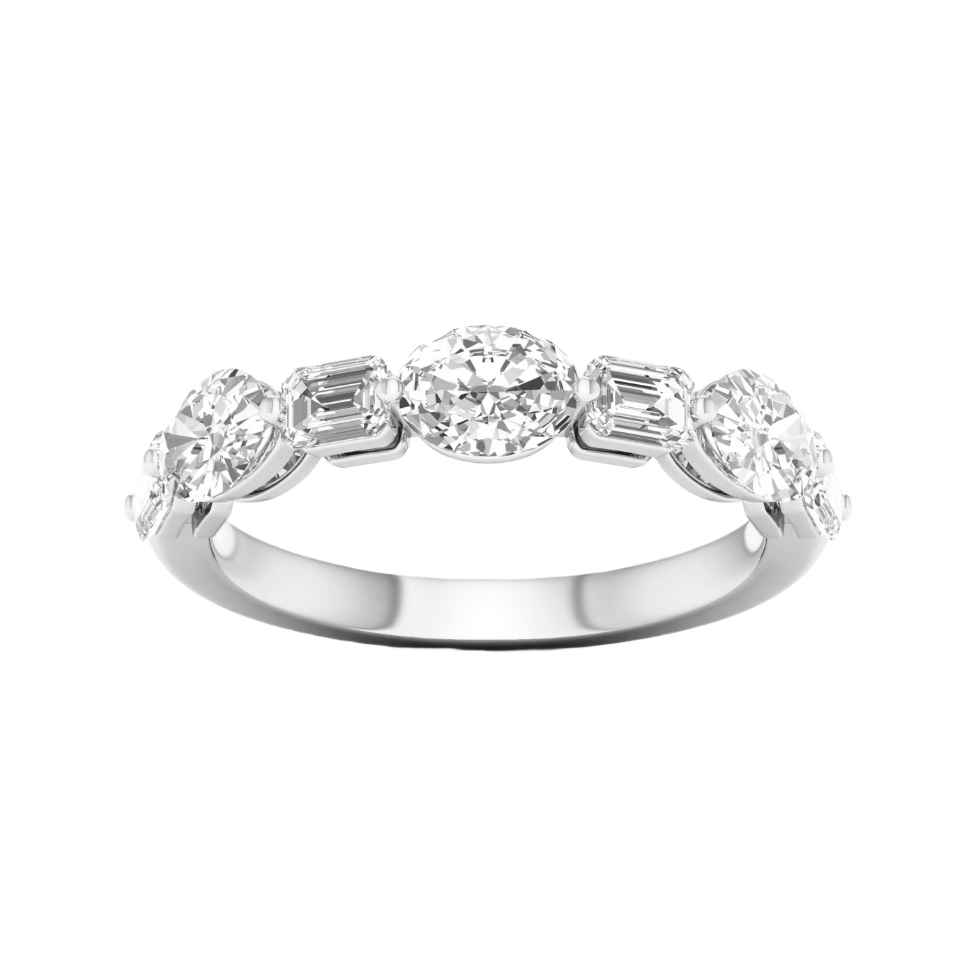 A sophisticated 14k white gold anniversary band showcasing a 2/3 eternity row of alternating premium oval and emerald-cut diamonds.
