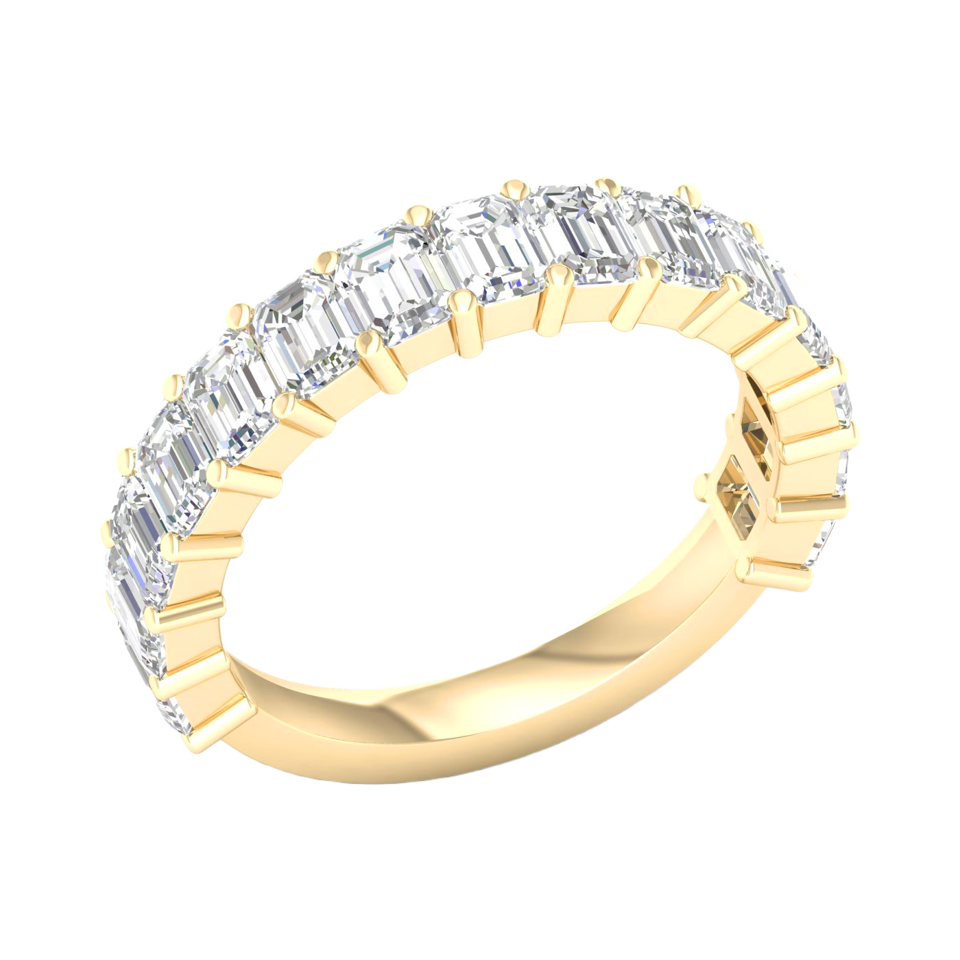 A breathtaking 14k yellow gold 2/3 eternity wedding band featuring 3.0 total carats of shimmering emerald-cut lab-grown diamonds.