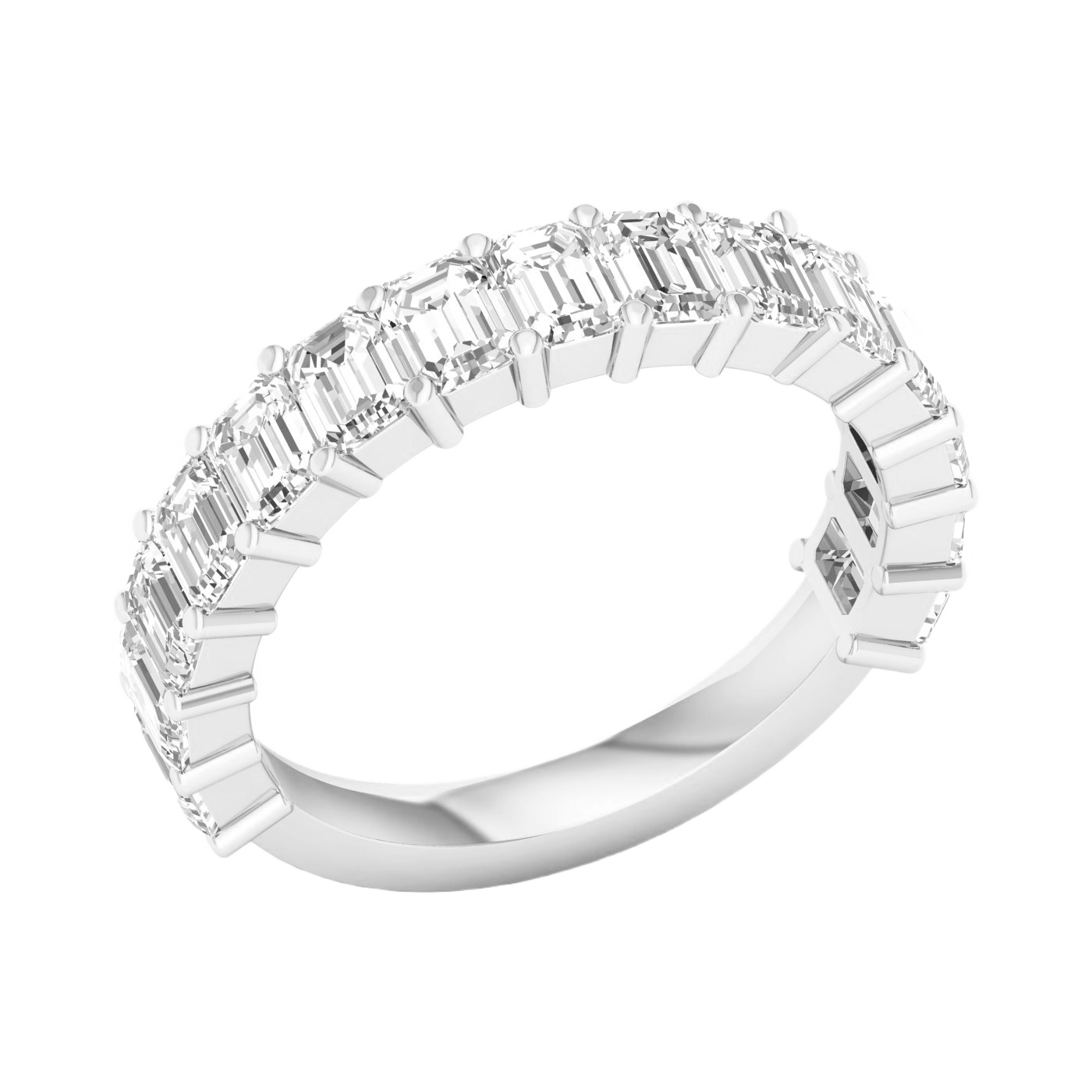 A luxurious 14k white gold anniversary band showcasing a continuous row of premium 3.0cttw emerald-cut diamonds for a sophisticated, icy glow.