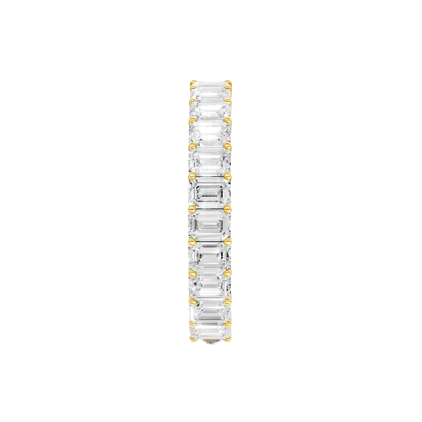 A breathtaking 14k yellow gold full eternity band featuring a continuous circle of 2.3 total carats of shimmering emerald-cut lab-grown diamonds