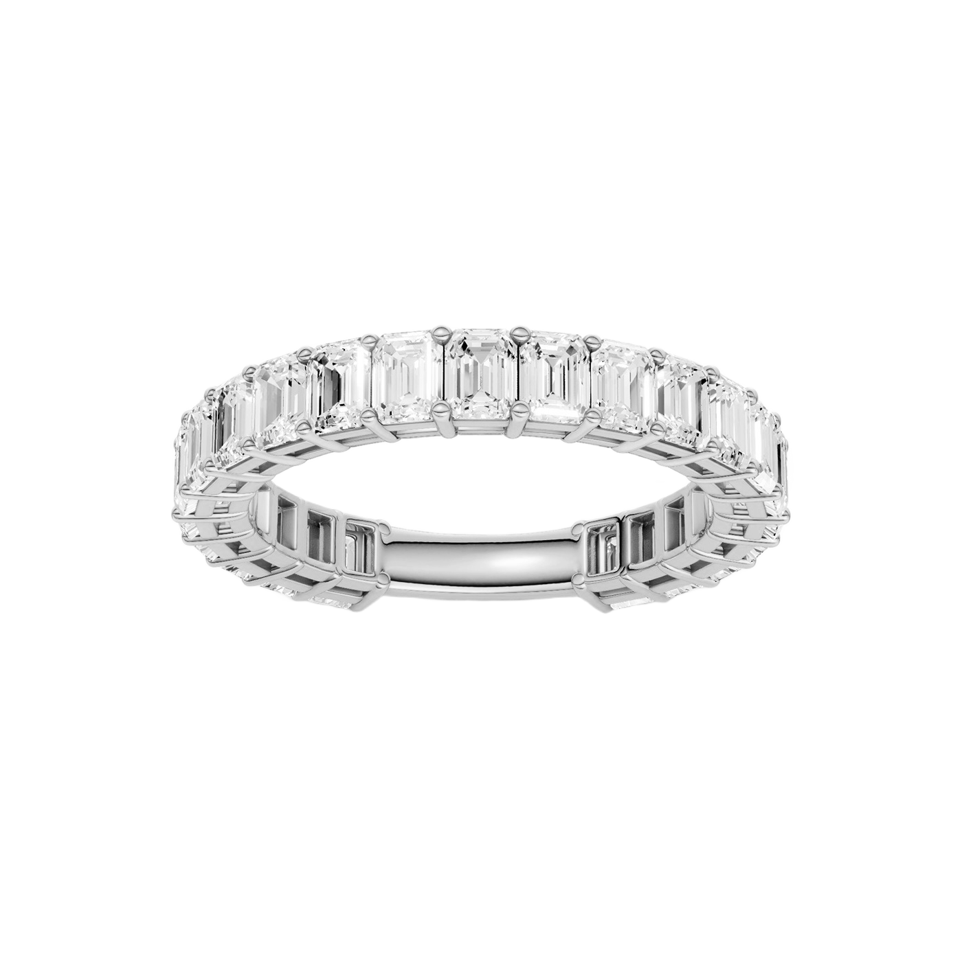 A sophisticated 14k white gold full eternity ring showcasing a seamless row of premium 2.3cttw emerald-cut diamonds for an icy, modern glow.