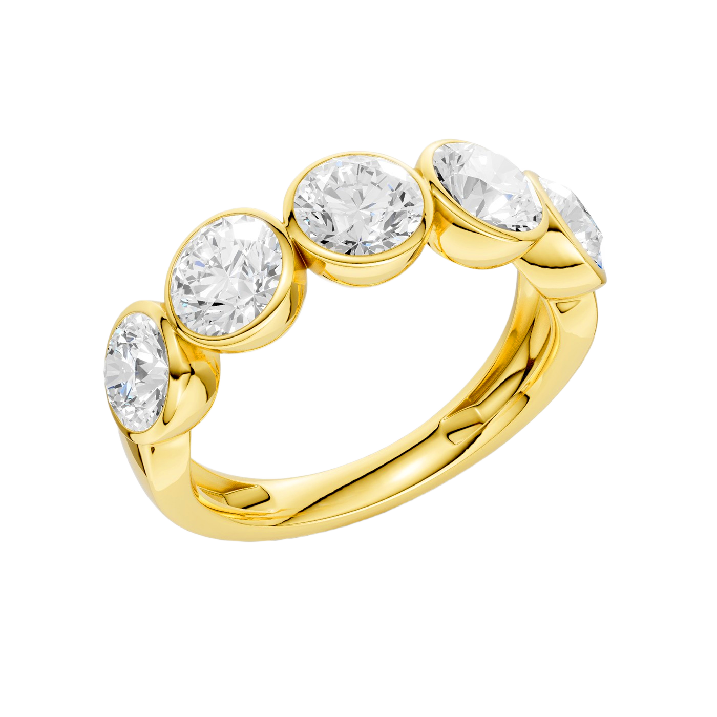 A sophisticated 14k yellow gold 2/3 eternity wedding band featuring 1.5 total carats of shimmering round-cut lab-grown diamonds in a modern bezel setting.