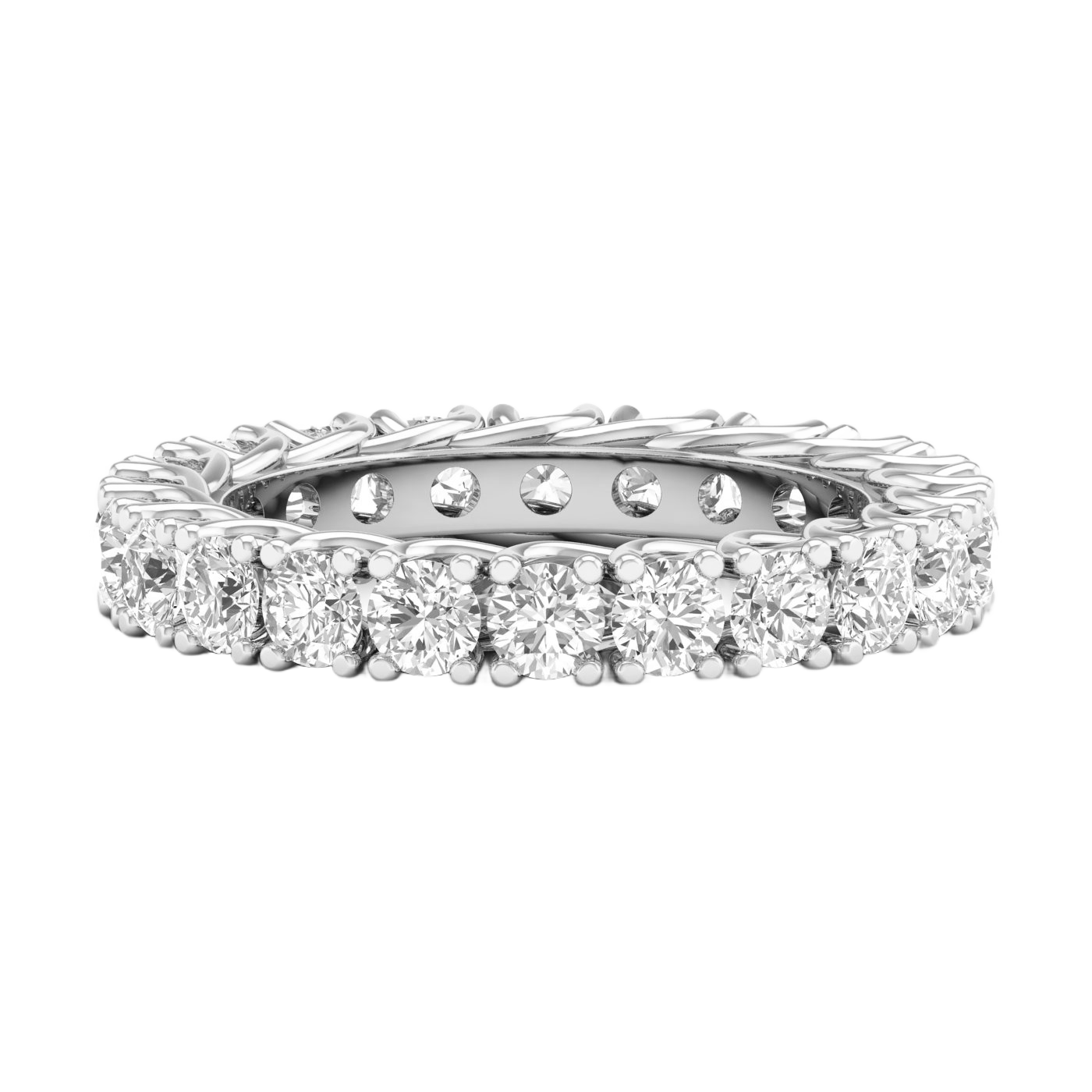 A brilliant 14k white gold eternity ring showcasing a continuous circle of premium round-cut diamonds in a modern twist-prong setting.
