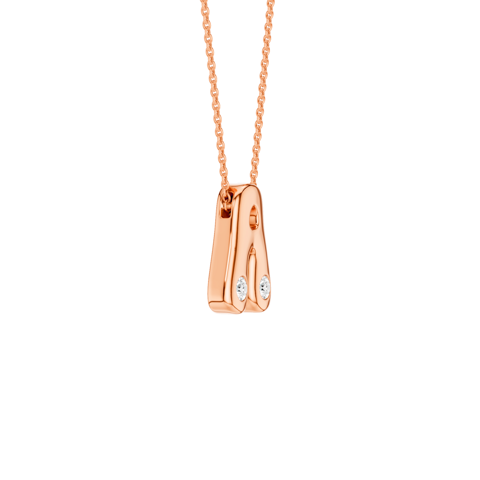 A high-polish 14k rose gold initial pendant by Amorati featuring star and geometric insets with shimmering round-cut lab-grown diamonds. Amorati’s signature F O U R T E E N T H Collection