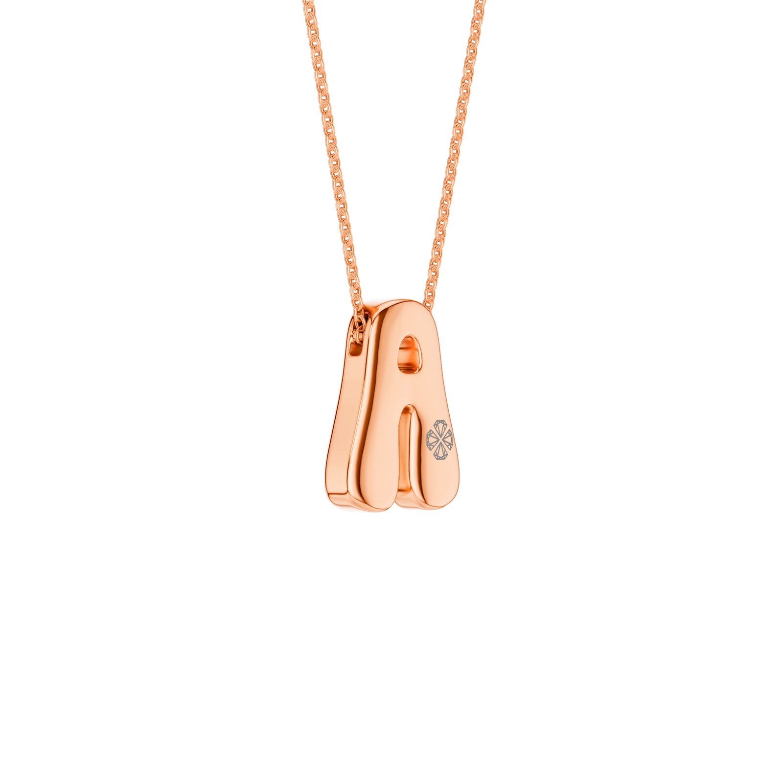 A high-polish 14k rose gold initial pendant by Amorati featuring star and geometric insets with shimmering round-cut lab-grown diamonds. Amorati’s signature F O U R T E E N T H Collection