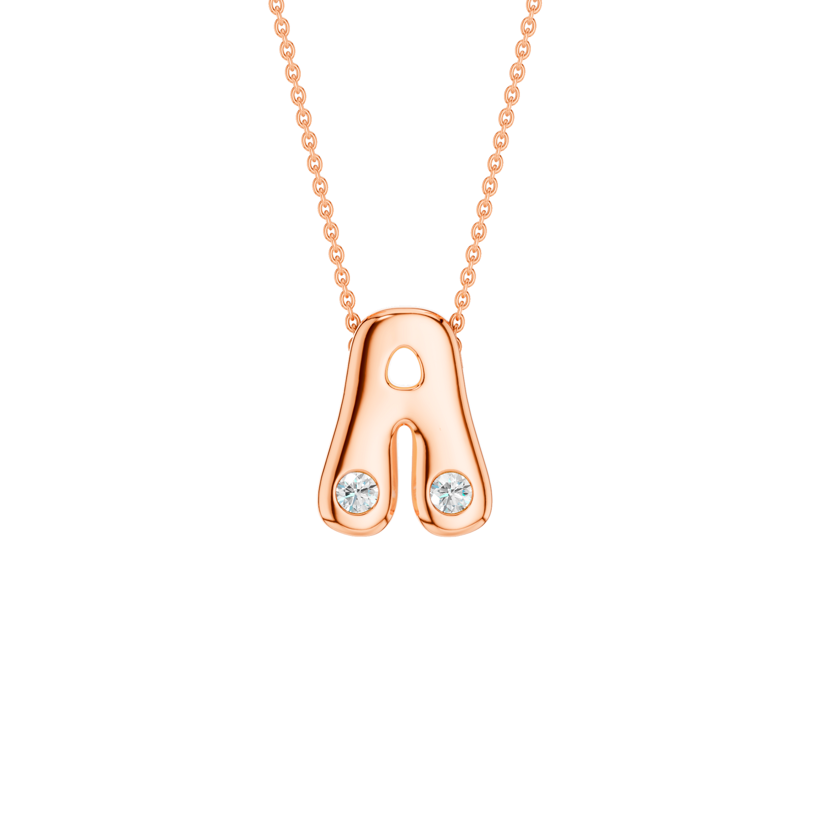 A high-polish 14k rose gold initial pendant by Amorati featuring star and geometric insets with shimmering round-cut lab-grown diamonds. Amorati’s signature F O U R T E E N T H Collection