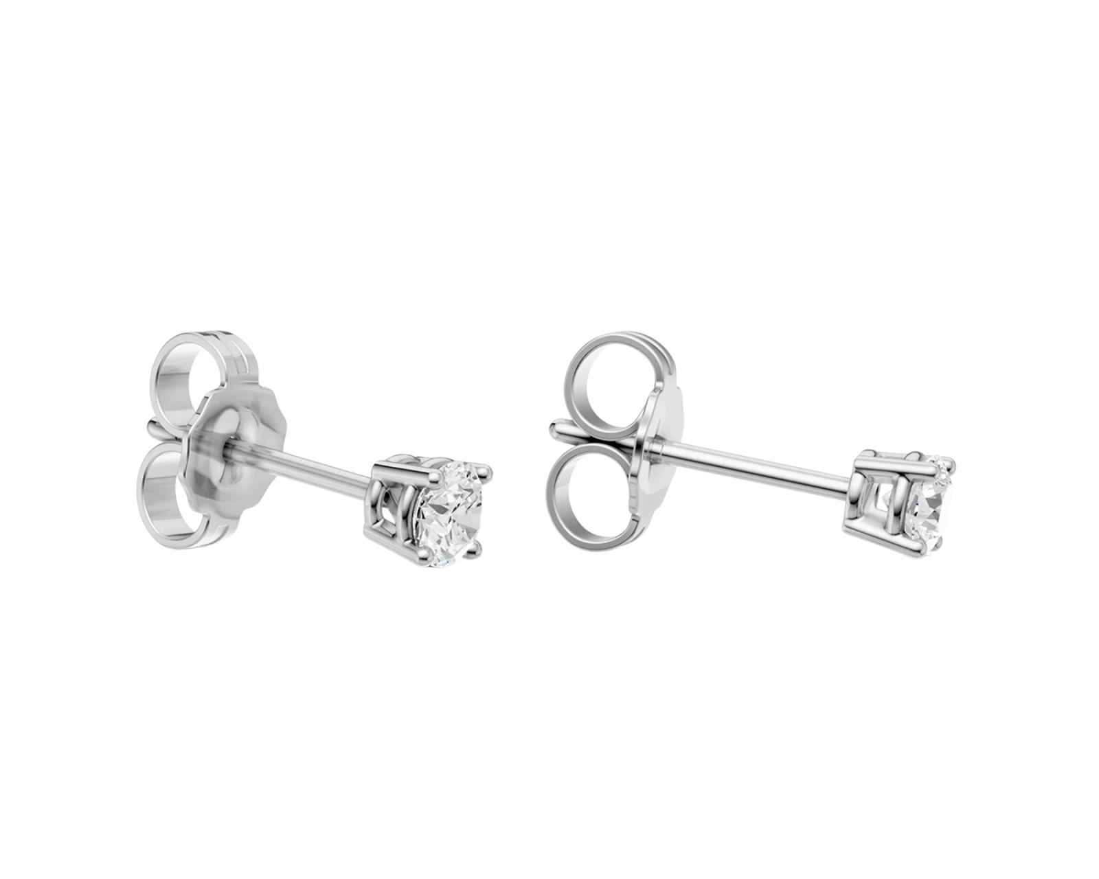 Back view of white gold round diamond stud earrings displaying the prong-set post, smooth polished metal, and clean construction.