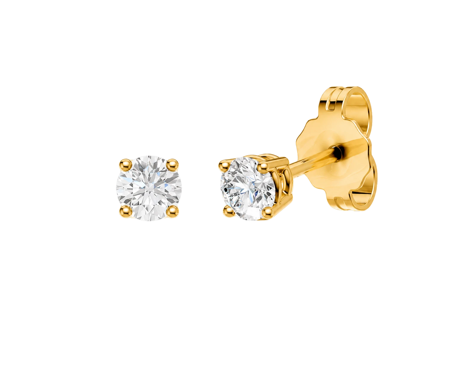 Angled view of yellow gold round diamond stud earrings highlighting diamond brilliance, prong detail, and polished metal finish.