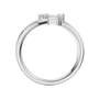 A side-profile view of a 14K white gold bypass ring, showing the fluid band and the three baguette diamonds.
