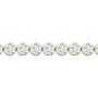 A close-up side view of a 14K yellow gold tennis bracelet, showing a continuous line of round diamonds set in smooth, round bezels.