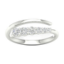 A top-down view of a 14K white gold open-shank ring with a continuous spiral design and a line of bezel-set round diamonds.