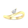 A top-down view of a 14K yellow gold bypass ring with a single pear-shaped diamond at one end of a fluid, curving band.