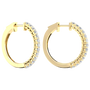 A pair of 14K yellow gold hoop earrings, shown from a side angle, highlighting the line of diamonds and the hinged closure.