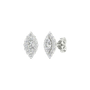 An angled view of a pair of 14K white gold stud earrings, showcasing the ornate diamond cluster and halo.