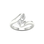 A top-down view of a 14K white gold bypass ring with two round diamonds at the center and a fluid, curving band.