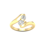 A top-down view of a 14K yellow gold bypass ring with two round diamonds at the center and a fluid, curving band.
