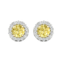 A pair of 14K white gold stud earrings, with a yellow diamond at the center and a halo of white diamonds, shown from the front.
