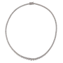 Front view of a white gold diamond tennis necklace featuring a continuous row of round brilliant-cut diamonds set in a classic, evenly spaced design.