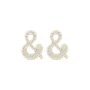 A pair of 14K yellow gold stud earrings shaped like an ampersand and covered in pavé diamonds, shown from the front.