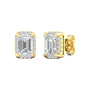 Angled view of yellow gold emerald-cut halo diamond stud earrings highlighting warm gold tones, precise facets, and dimensional halo sparkle.
