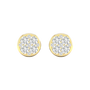 Front view of round cluster diamond stud earrings in yellow gold, featuring brilliant-cut diamonds arranged in a circular cluster with warm gold framing.