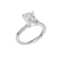 Angled view of a 14k white gold ring featuring an emerald cut white diamond center and a polished band for understated elegance.