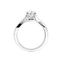 A side profile view of 14K white gold Amorati Vignette pear diamond solitaire with prong setting and diamond band