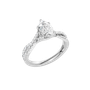 An angled view of 14K white gold Amorati Vignette pear diamond solitaire with prong setting and diamond band