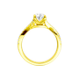 A side profile view of 14K yellow gold Amorati Vignette pear diamond solitaire with prong setting and diamond band