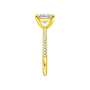 A side view of the Princess cut diamond engagement ring in 14k yellow gold with a pavé diamond band and cathedral setting