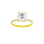 A front view of the Elongated Cushion cut diamond engagement ring in 14k yellow gold with a pavé diamond band and cathedral setting