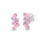 A pair of cascading stud earrings featuring a vertical arrangement of three baguette-cut pink sapphires. The rectangular gemstones are staggered in a step-like formation and held in a minimalist 18k yellow gold setting, shown against a clean, white studio background.
