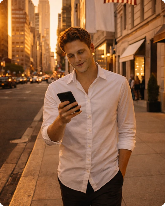 Man on street looking at his phone