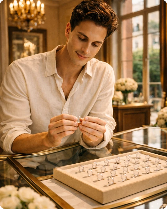 Man looking at rings in a jewellery store