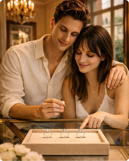 Couple looking at engagement rings together