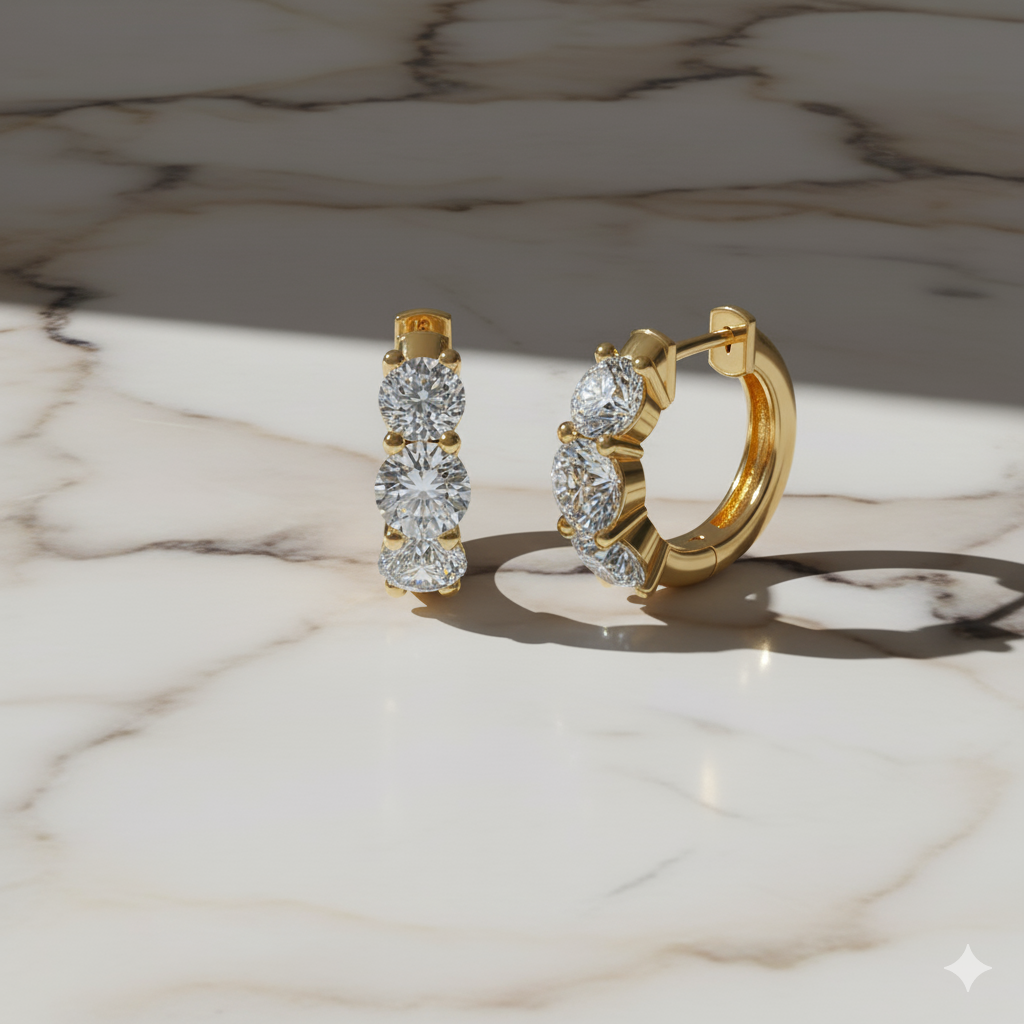 An angled view of a pair of 14K yellow gold huggie hoops, highlighting the wide, double-row design on a marble background.