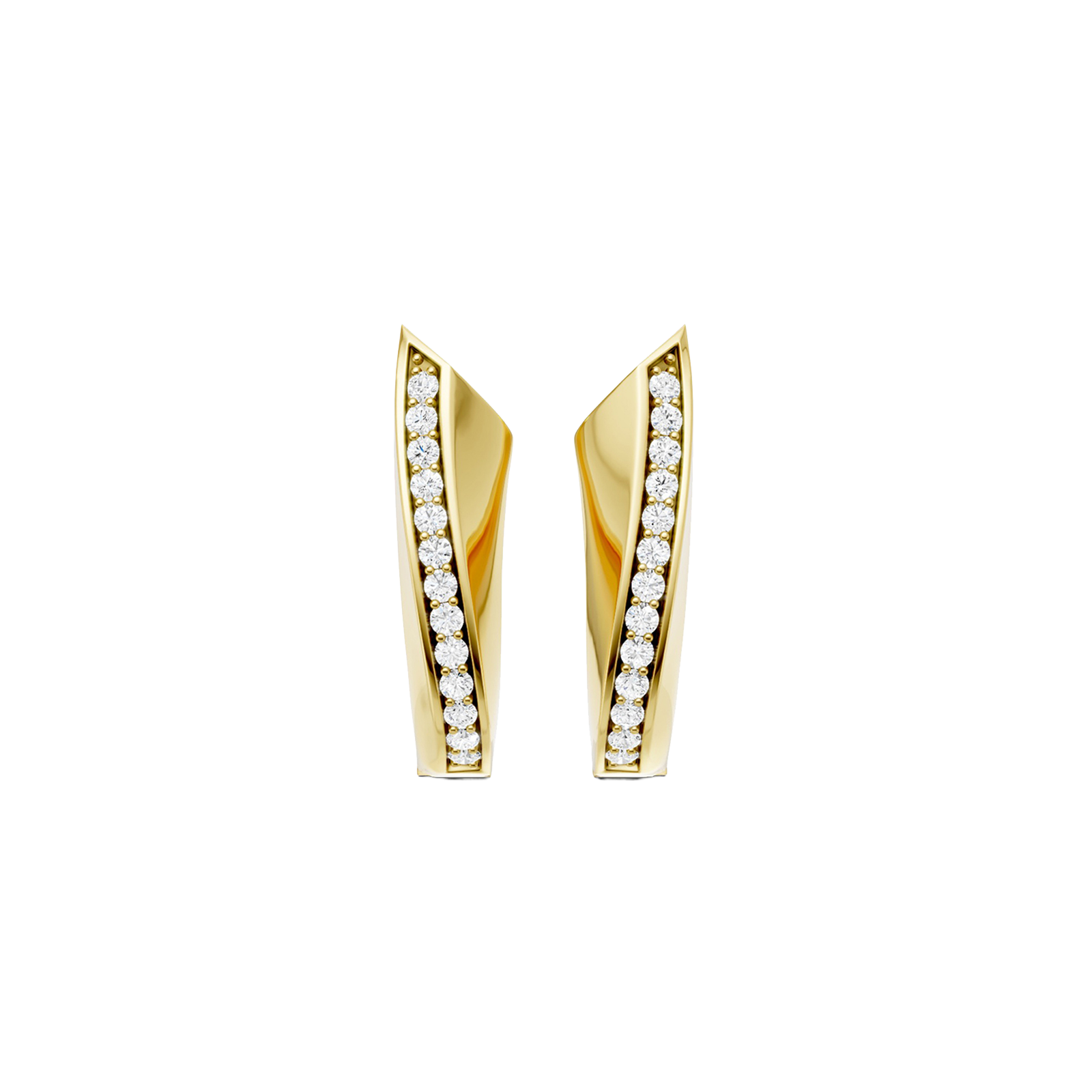 A pair of 14K yellow gold huggie hoops with a diagonal line of pavé diamonds, shown from the front.