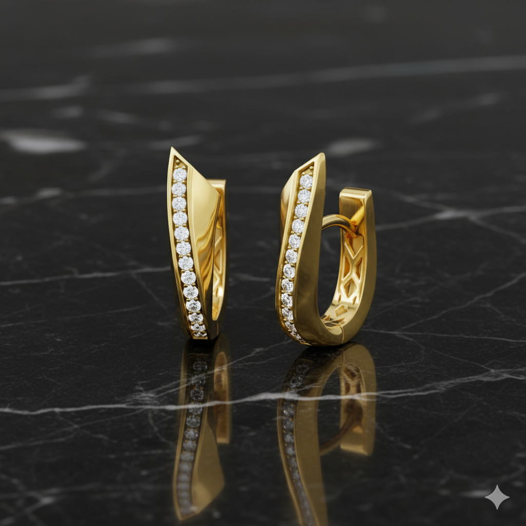 A front and angled view of a pair of 14K yellow gold huggie hoop earrings. The pavé diamonds are set in a diagonal line on the front surface, catching the light and highlighting the classic hoop shape on marble.