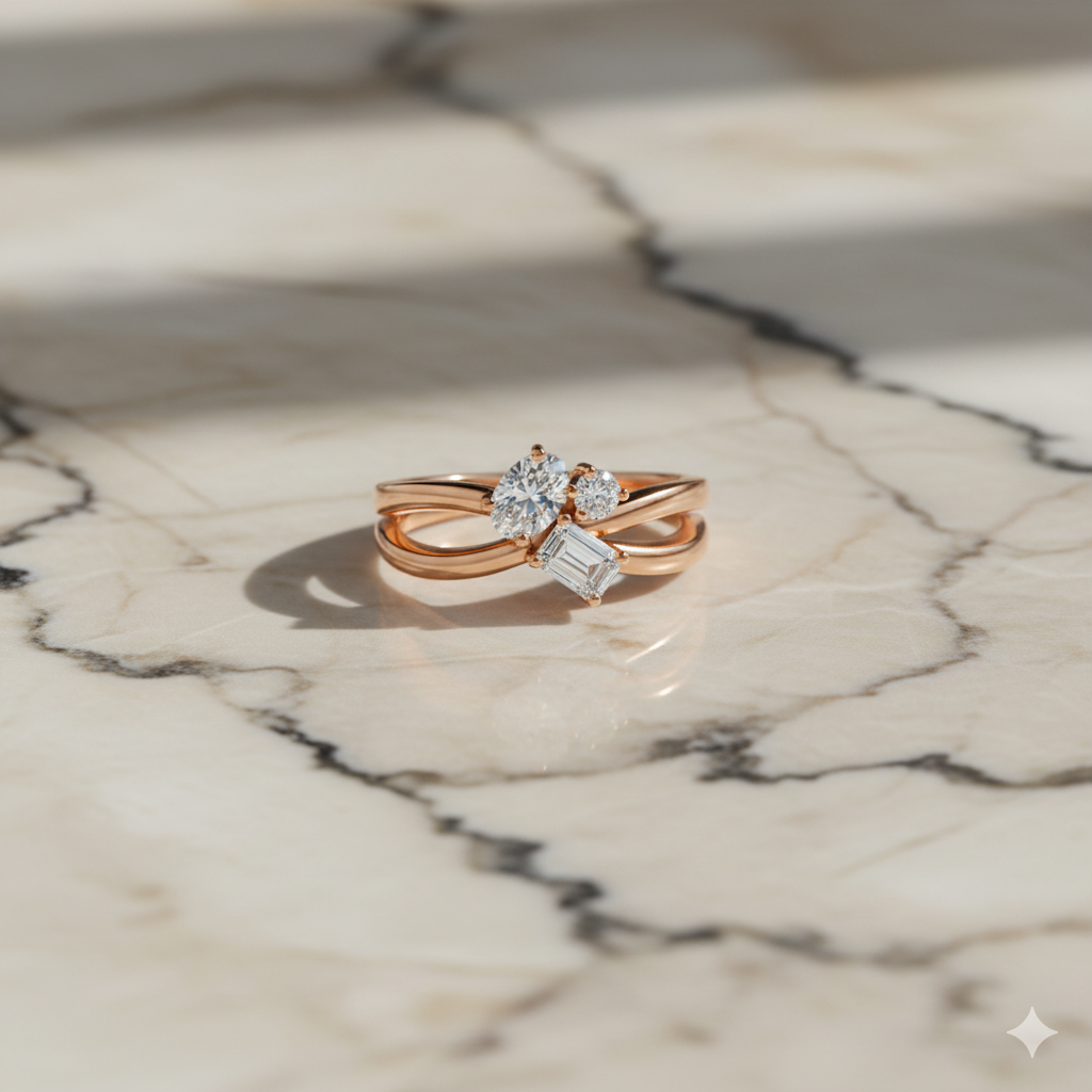 A side-profile view of a 14K yellow gold bypass ring, showing the fluid band and the three baguette diamonds.