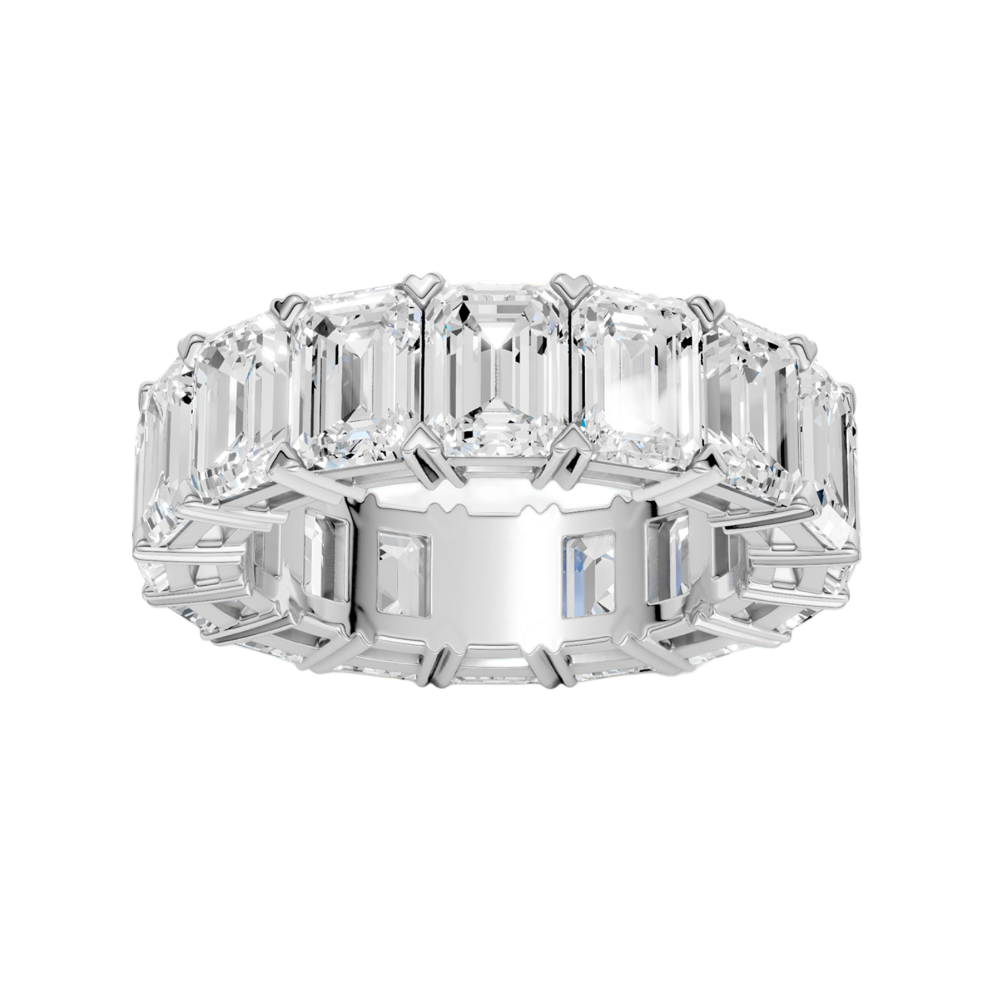 A top-down view of a 14K white gold eternity band with a continuous line of exceptionally bold, horizontally-set rectangular jewels.