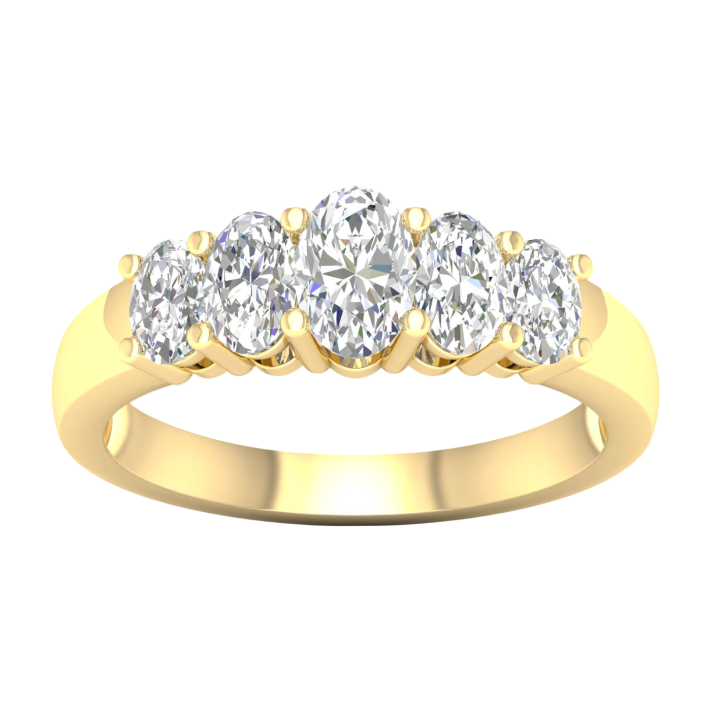 A top-down view of a 14K yellow gold ring with a large, asymmetrical cluster of various jewel shapes.