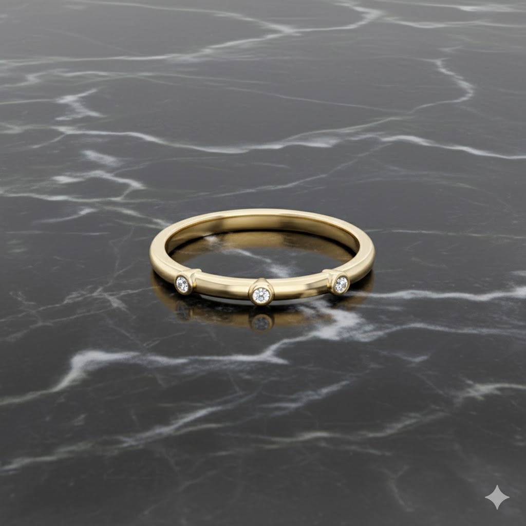 A top-down view of a 14K yellow gold band ring with three bezel-set round diamonds on a marble surface.