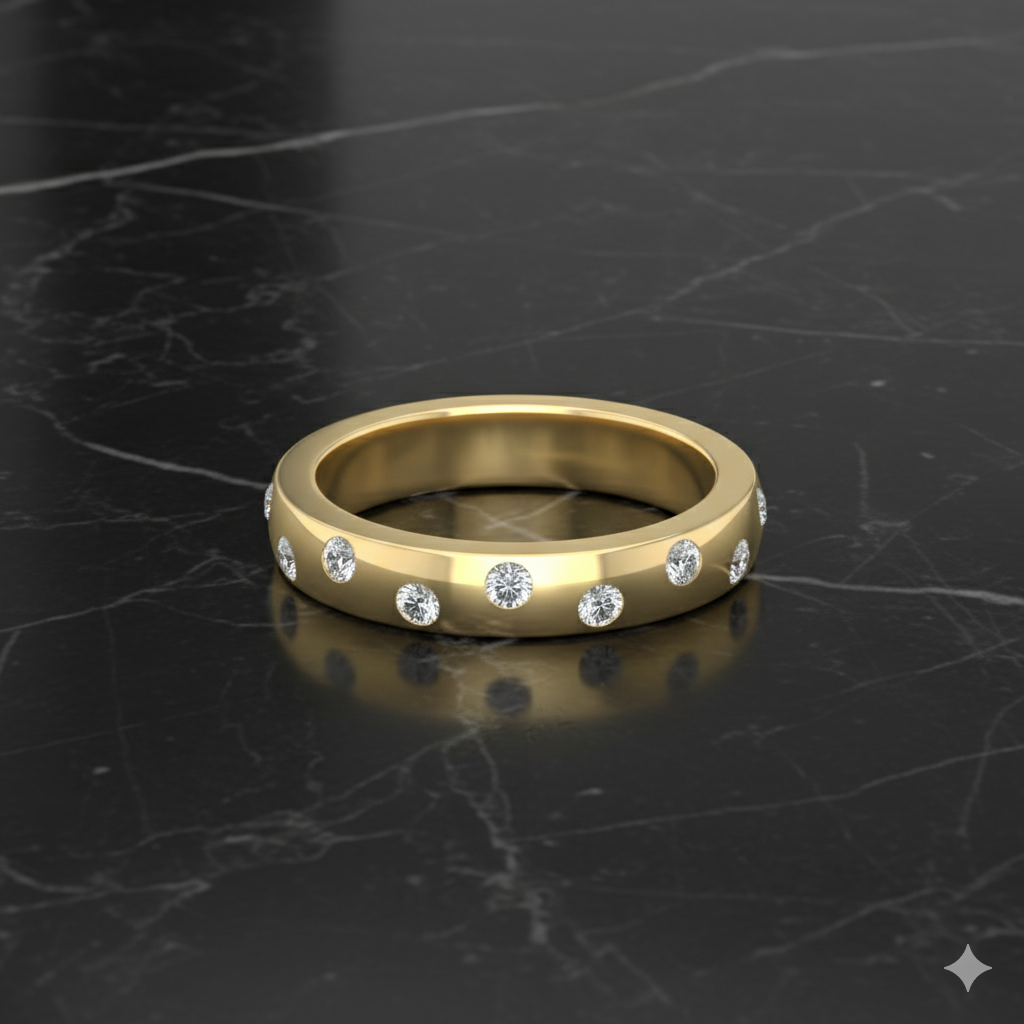 A top-down view of a 14K yellow gold ring with five bezel-set diamonds embedded in the wide band on marble.