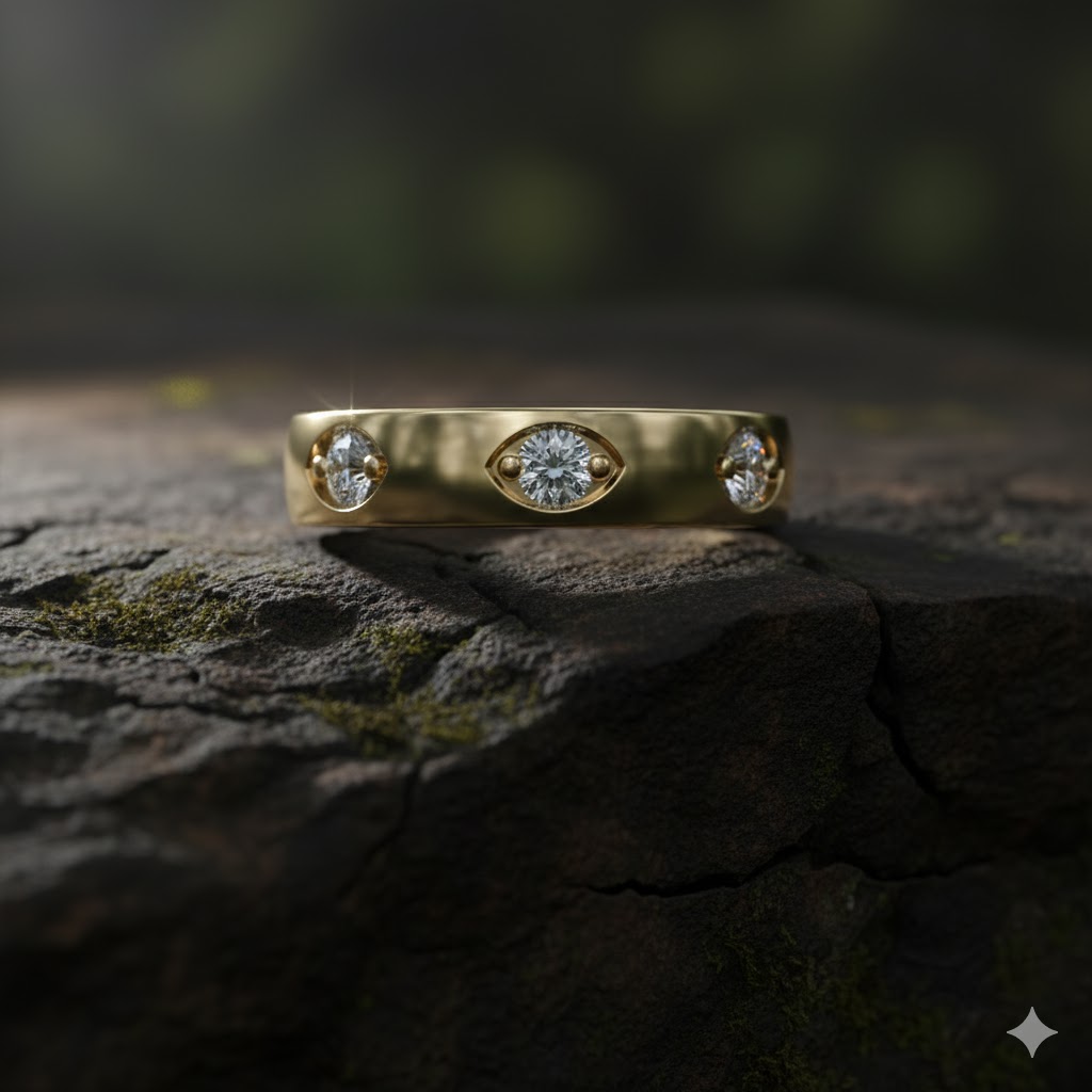 Top Down view of a 14k yellow gold ring with a three bezel-set set atop a rock.