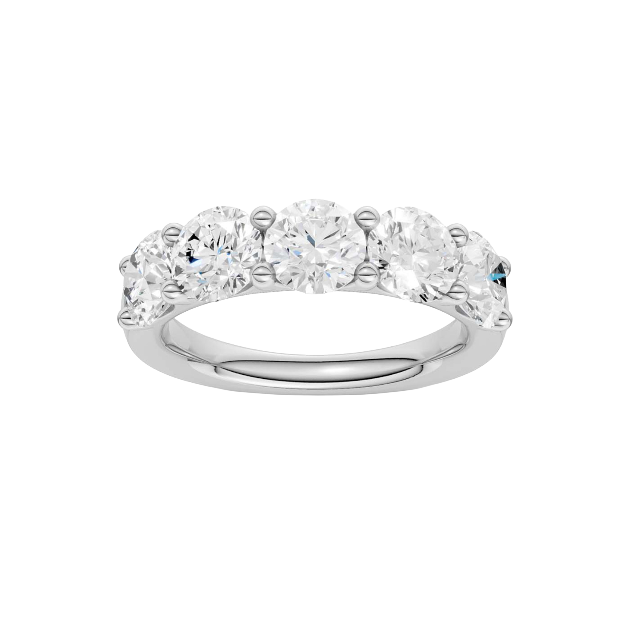 Top view of the 3.00 cttw Luxe Five-Stone Ring in Solid 14K White Gold, demonstrating the "Wall of Light" visual span with five 0.60ct average round brilliant E-F Color VS+ Clarity lab diamonds. Hand-matched "Twins" with Insured Free Shipping guarantee.