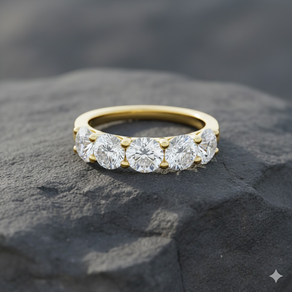 A top-down view of a 14K yellow gold wide band ring with five horizontally-set round diamonds atop rock.