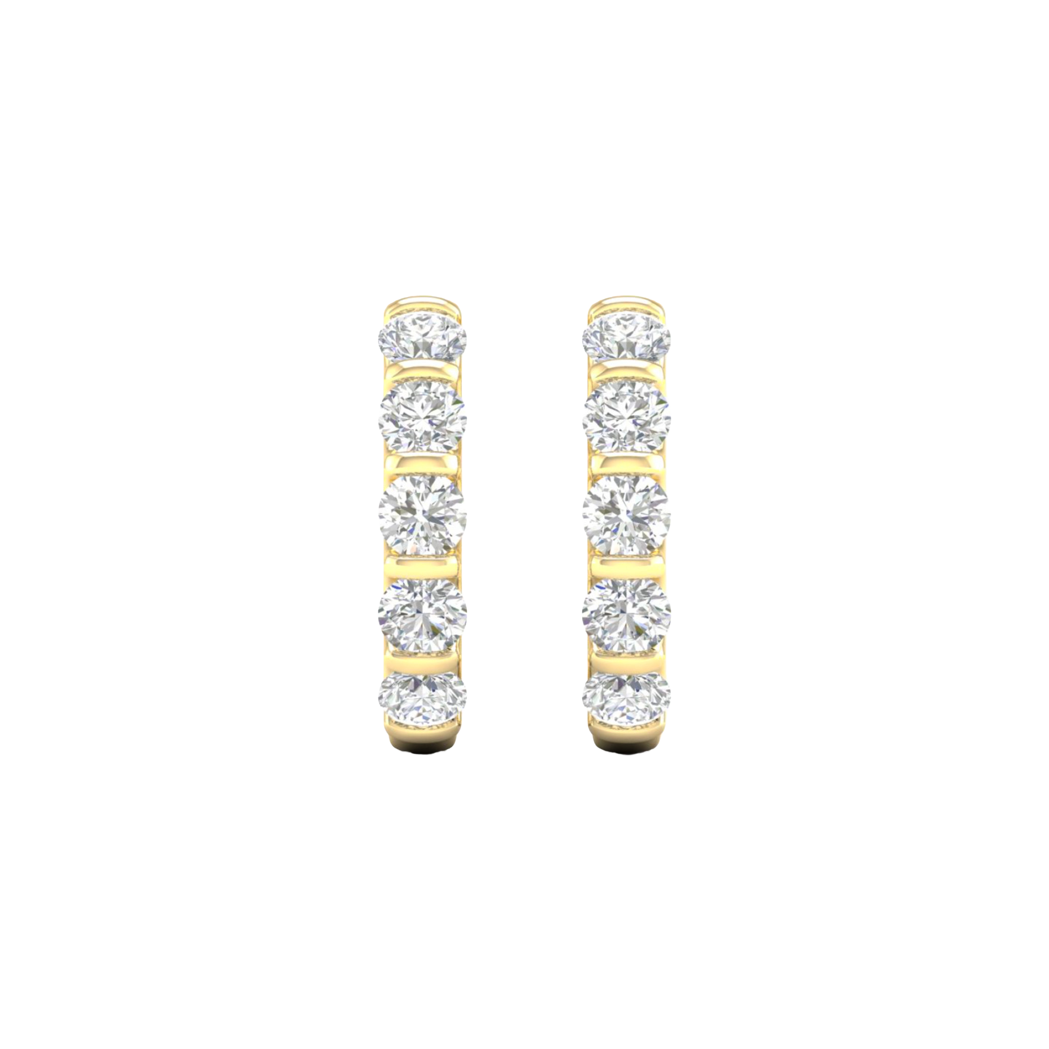 A pair of 14K yellow gold huggie hoops, shown from the front with a row of five round diamonds.