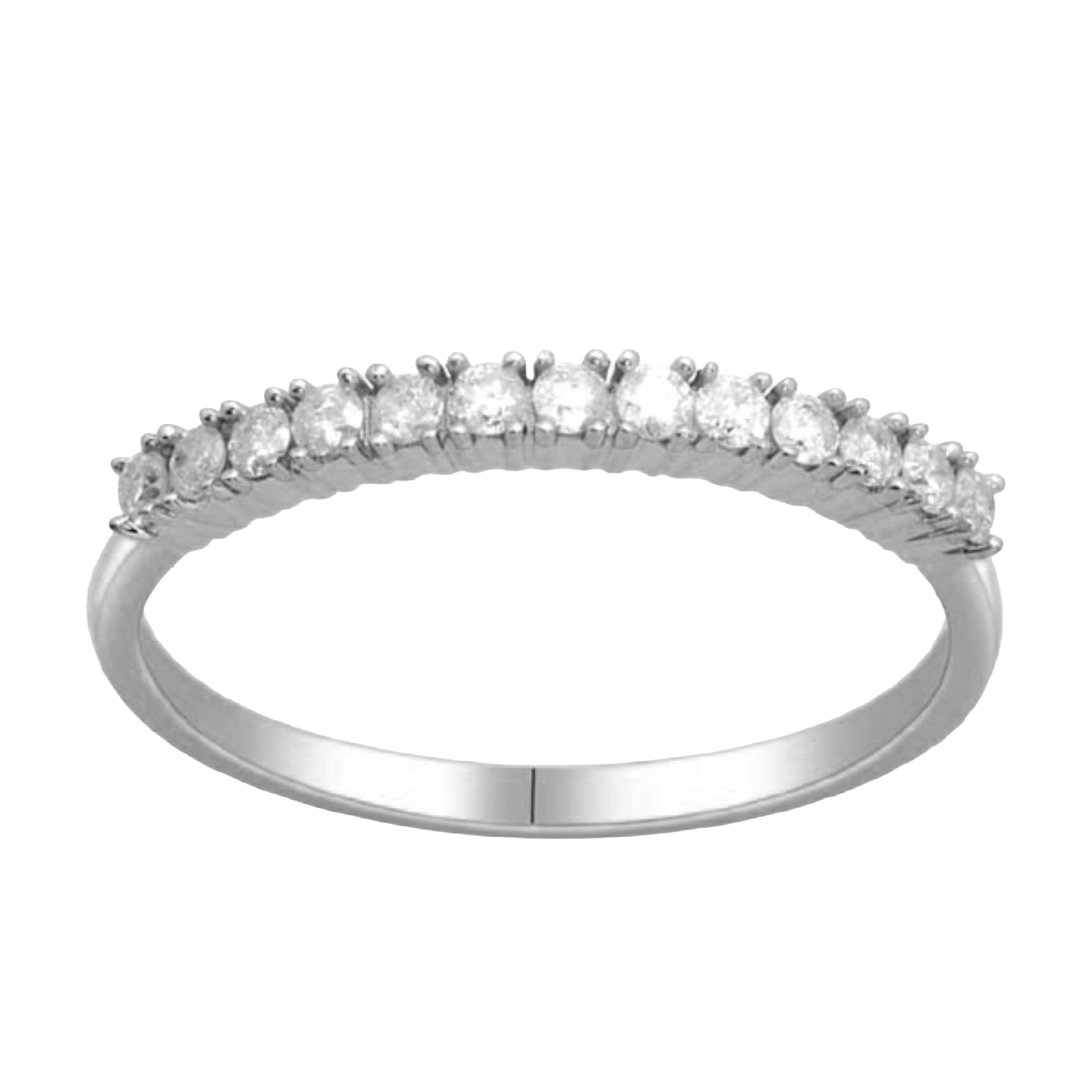 A top-down view of a 14K white gold thin band ring with a continuous line of petite, pavé-set round diamonds.