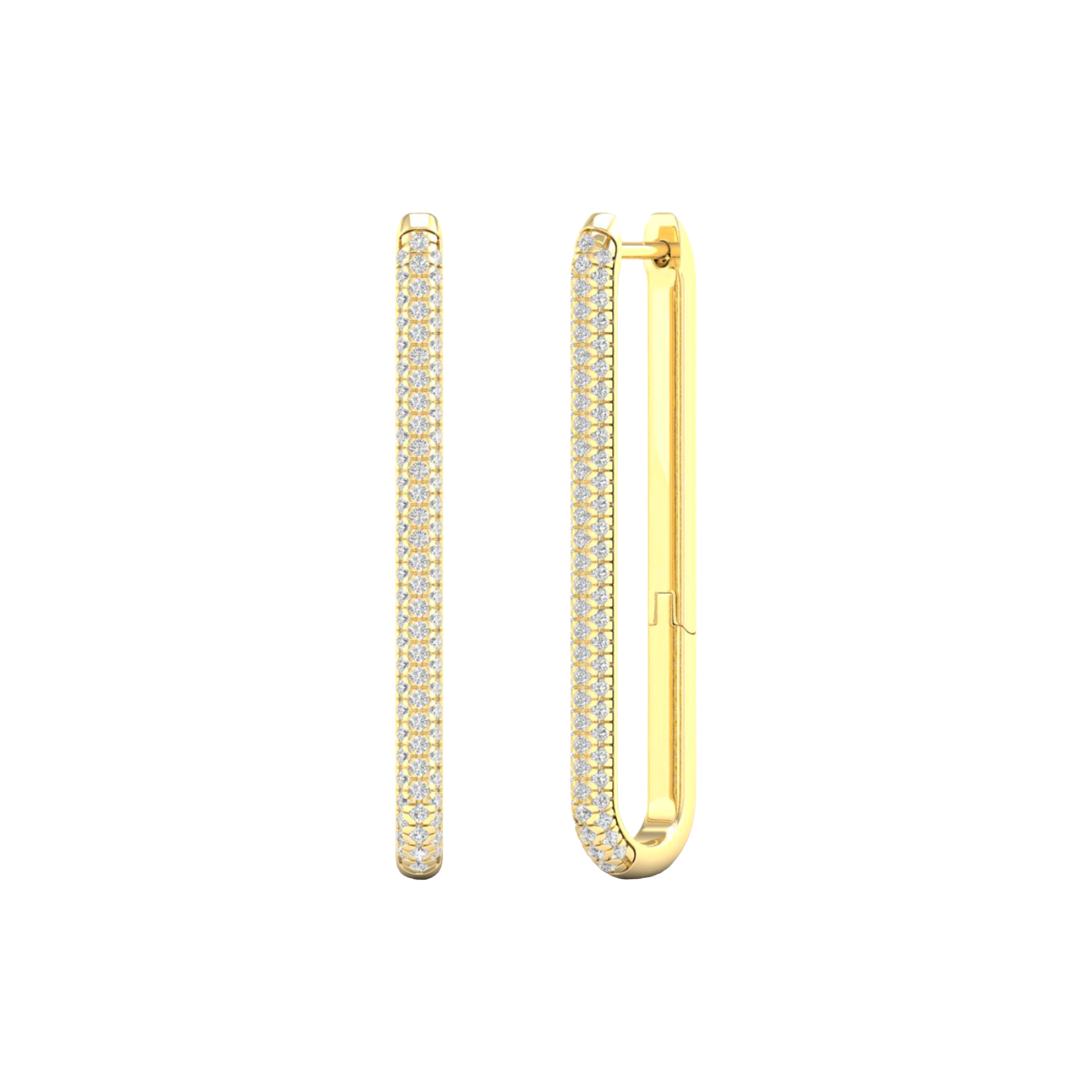 Front and angled view of 14K yellow gold long huggie hoops showcasing pavé diamonds and angular edges.