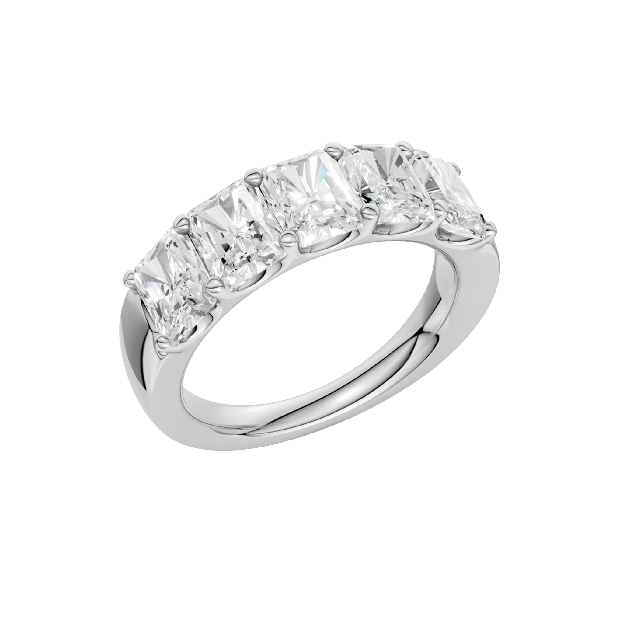 An angled view of a 14K white gold wide band ring, showcasing the clean, bold lines of the tapered diamonds.